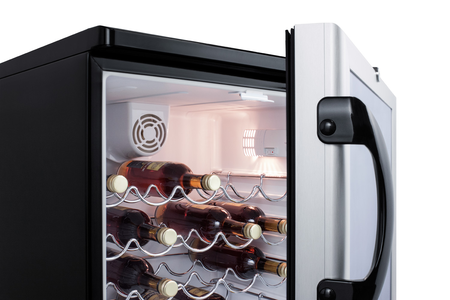 Commercially approved wine cellar for freestanding use with glass door, lock, and black cabinet